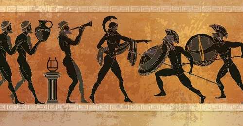 Imagen de una escena de la antigua Grecia, figura de cerámica negra.