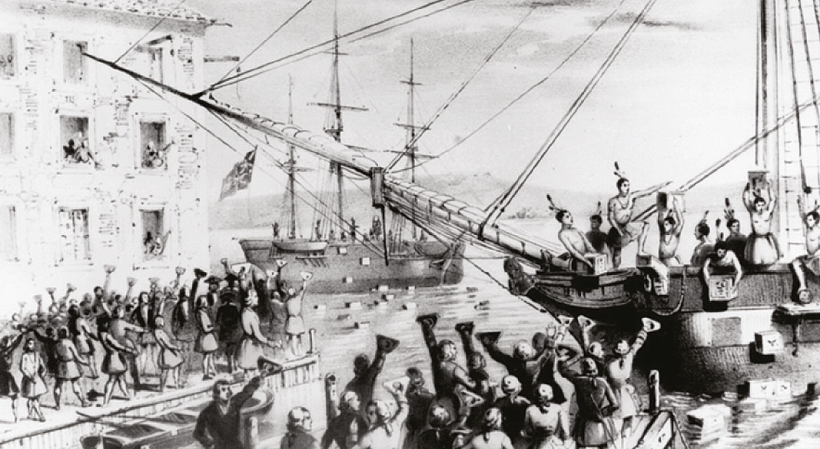 La destrucción del té en el puerto de Boston. Litografía de Nathaniel Currier, 1846
